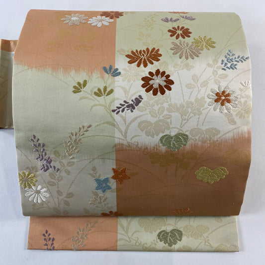 【美品】名古屋帶 秀品級 草花紋紋 唐織 金線 淺橙色 純蠶絲