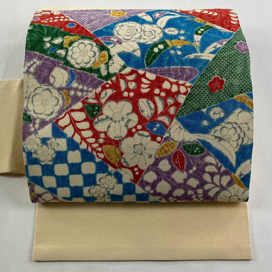 名古屋帶 秀品級 椿 梅花 絞織 米色 純蠶絲