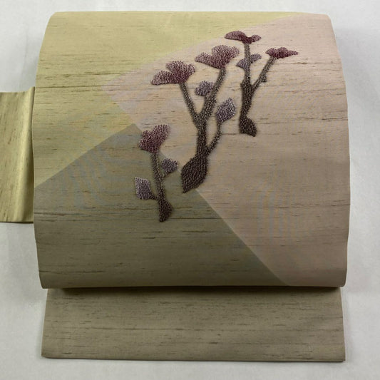 名古屋帶 秀品級 紬織織 草花紋紋 幾何學圖案 刺繡 灰茶 純蠶絲