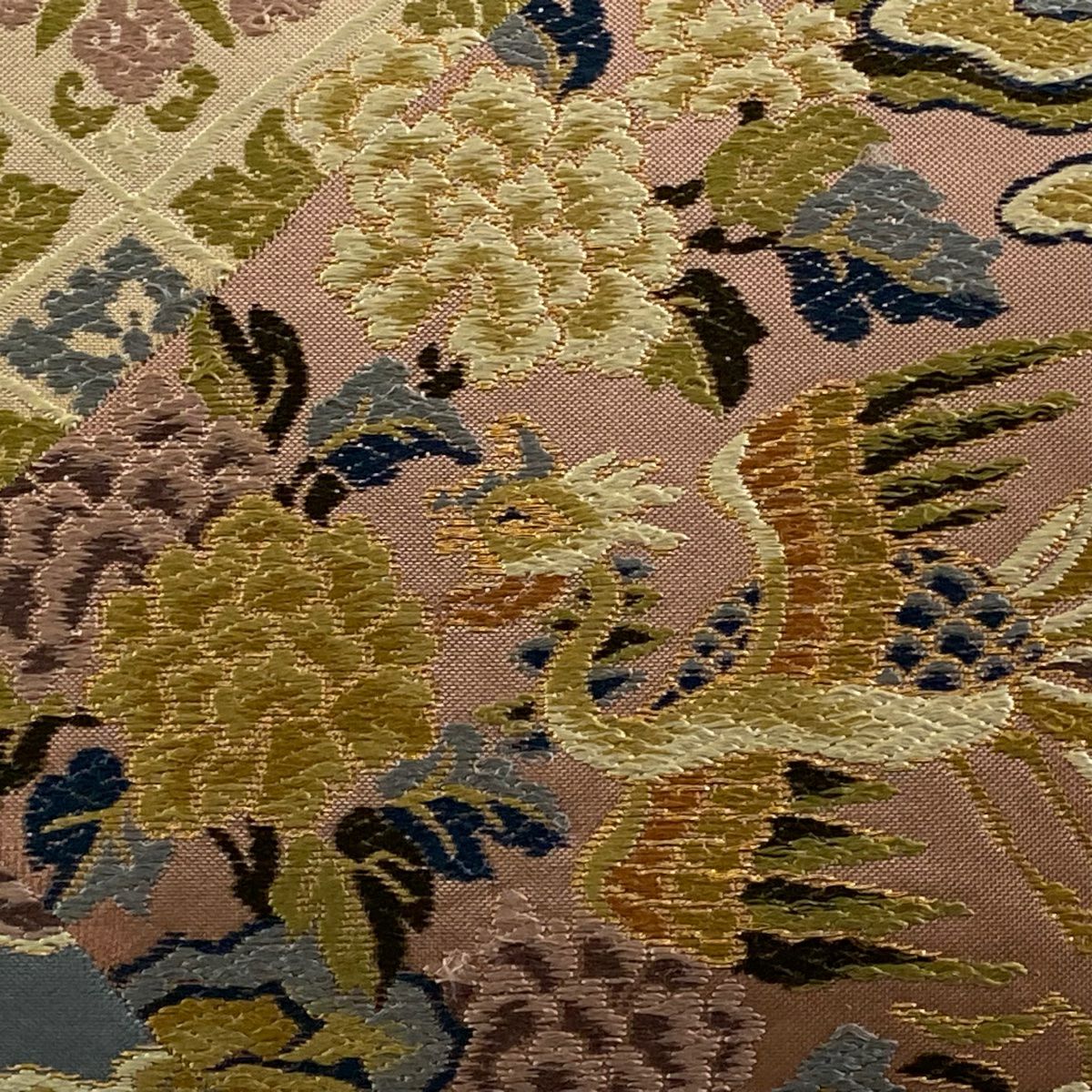袋帶 秀品級 鳳凰 草花紋 金糸 淺紫 六通 純蠶絲
