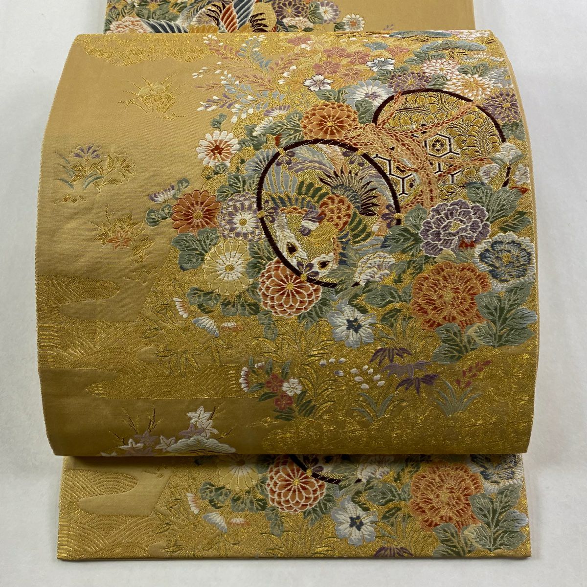 袋帶 秀品級 小槌 花鳥 金絲 金金箔 山吹茶 六通 純蠶絲
