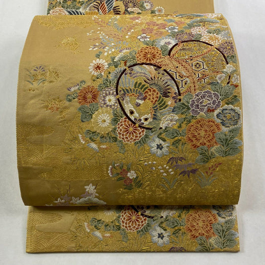 袋帶 秀品級 小槌 花鳥 金絲 金金箔 山吹茶 六通 純蠶絲