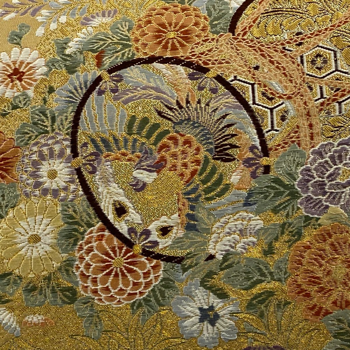 袋帶 秀品級 小槌 花鳥 金絲 金金箔 山吹茶 六通 純蠶絲