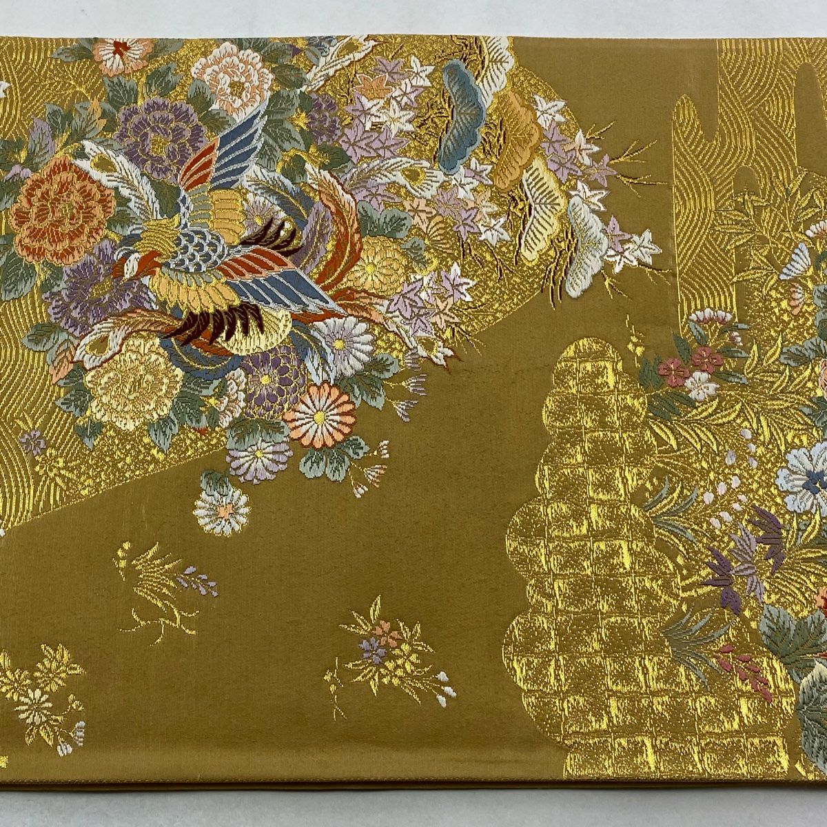 袋帶 秀品級 小槌 花鳥 金絲 金金箔 山吹茶 六通 純蠶絲