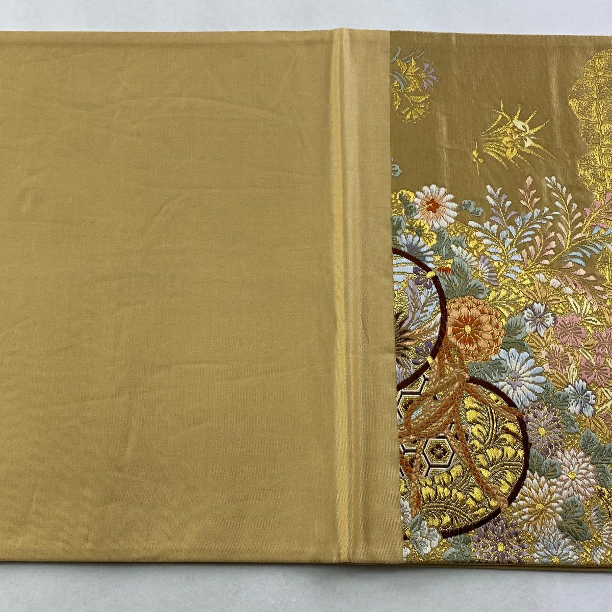 袋帶 秀品級 小槌 花鳥 金絲 金金箔 山吹茶 六通 純蠶絲