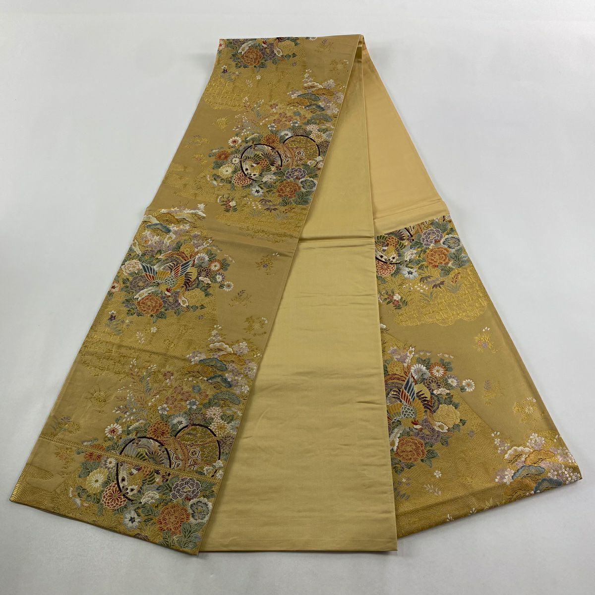 袋帶 秀品級 小槌 花鳥 金絲 金金箔 山吹茶 六通 純蠶絲