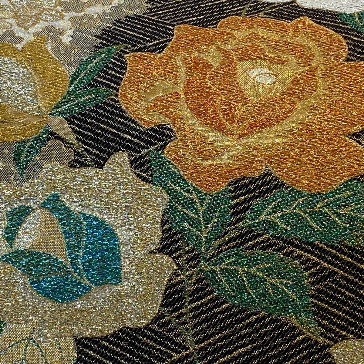 【美品】 袋帶 秀品級 草花紋紋 菊花 金絲 金金箔 黑 六通 純蠶絲