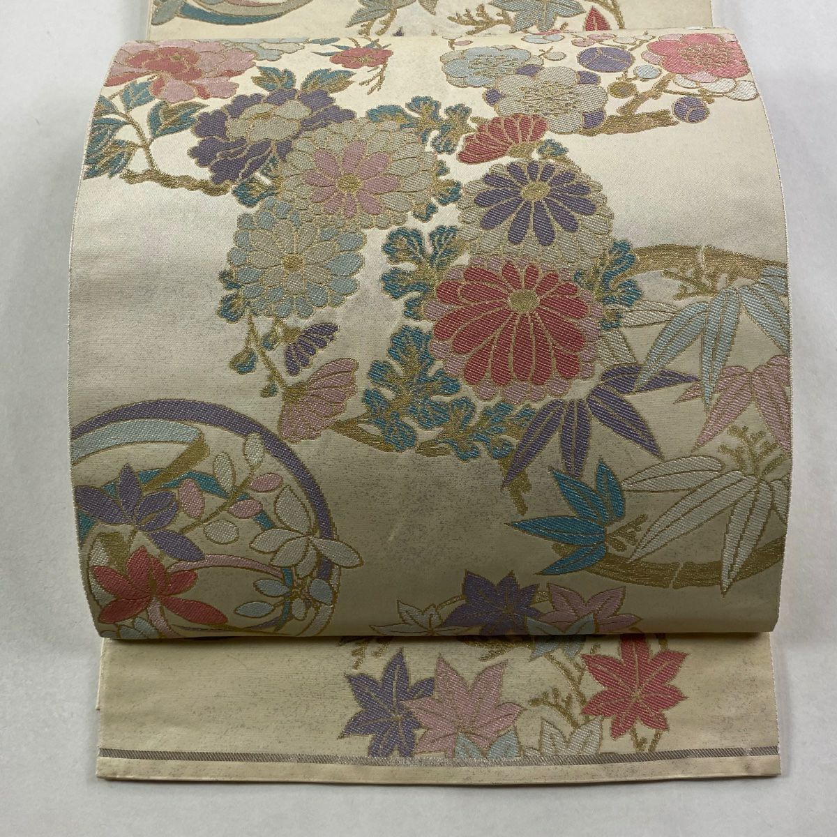 袋帶 秀品級 有落款 關西仕立 本家加納 花丸紋 梅花 金絲 金金箔 奶油 六通 純蠶絲