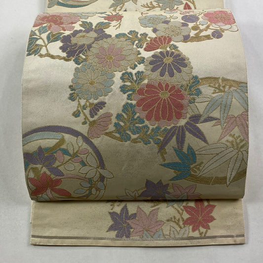 袋帶 秀品級 有落款 關西仕立 本家加納 花丸紋 梅花 金絲 金金箔 奶油 六通 純蠶絲