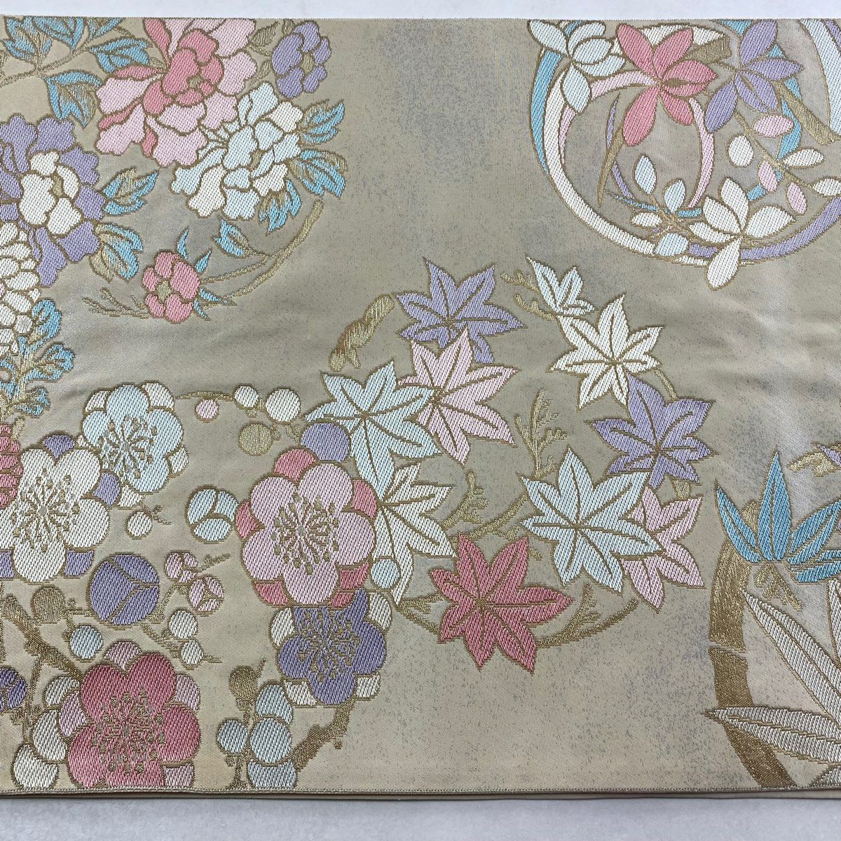 袋帶 秀品級 有落款 關西仕立 本家加納 花丸紋 梅花 金絲 金金箔 奶油 六通 純蠶絲
