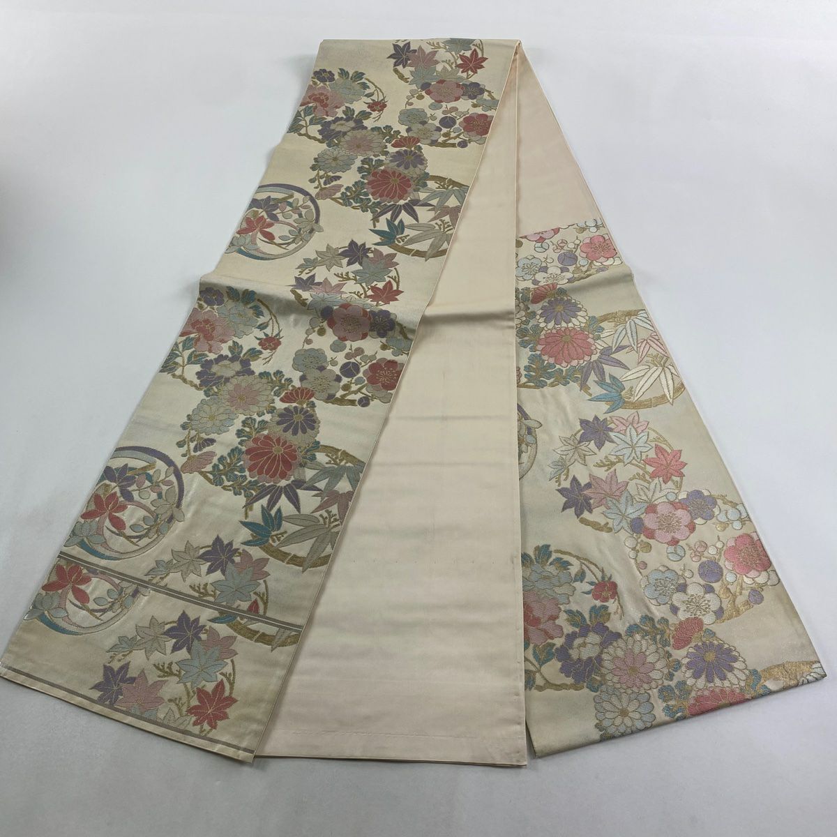 袋帶 秀品級 有落款 關西仕立 本家加納 花丸紋 梅花 金絲 金金箔 奶油 六通 純蠶絲