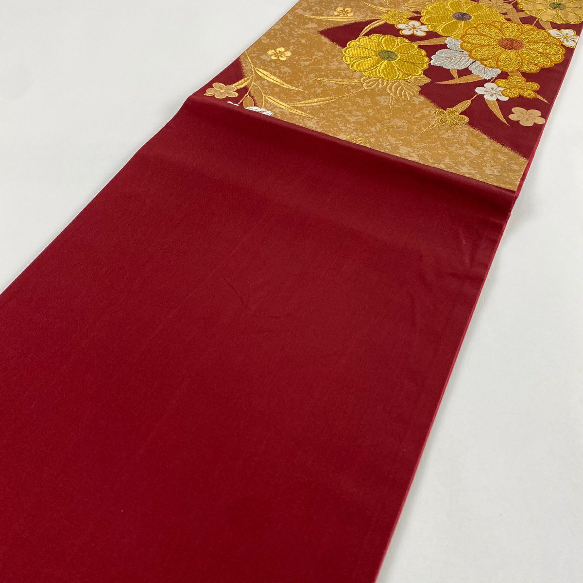 【美品】 袋帶 秀品級 振袖禮服禮服用 菊花花 梅花花 金銀彩 金金箔 深紅色 六通 純蠶絲