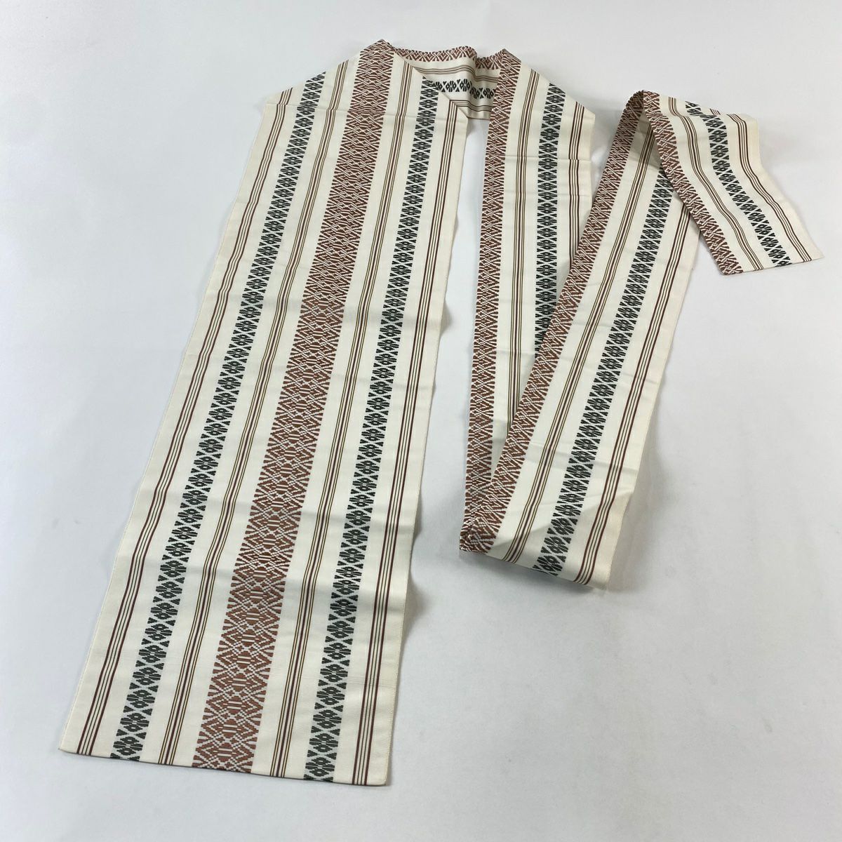 【美品】名古屋帶 名品級 八寸名古屋帶 献上紋 縞紋 奶油色 純蠶絲