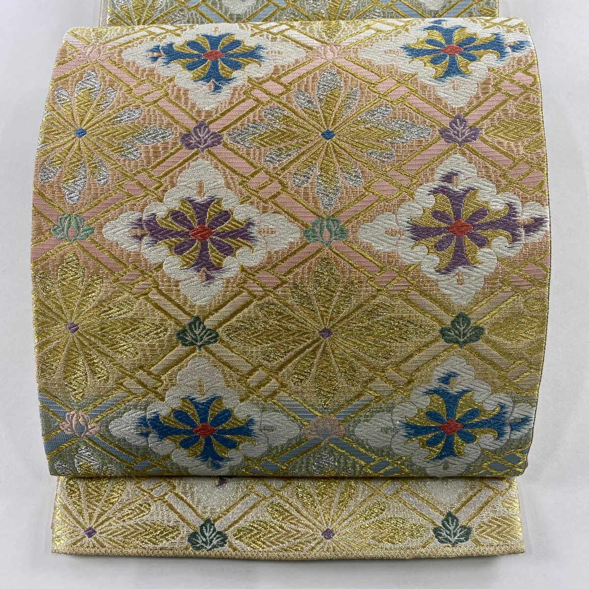 【美品】 袋帶 名品級 花菱 金銀彩 唐織 金色 六通 純蠶絲