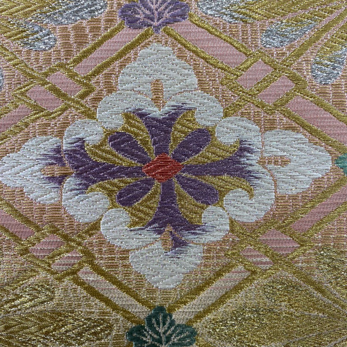 【美品】 袋帶 名品級 花菱 金銀彩 唐織 金色 六通 純蠶絲