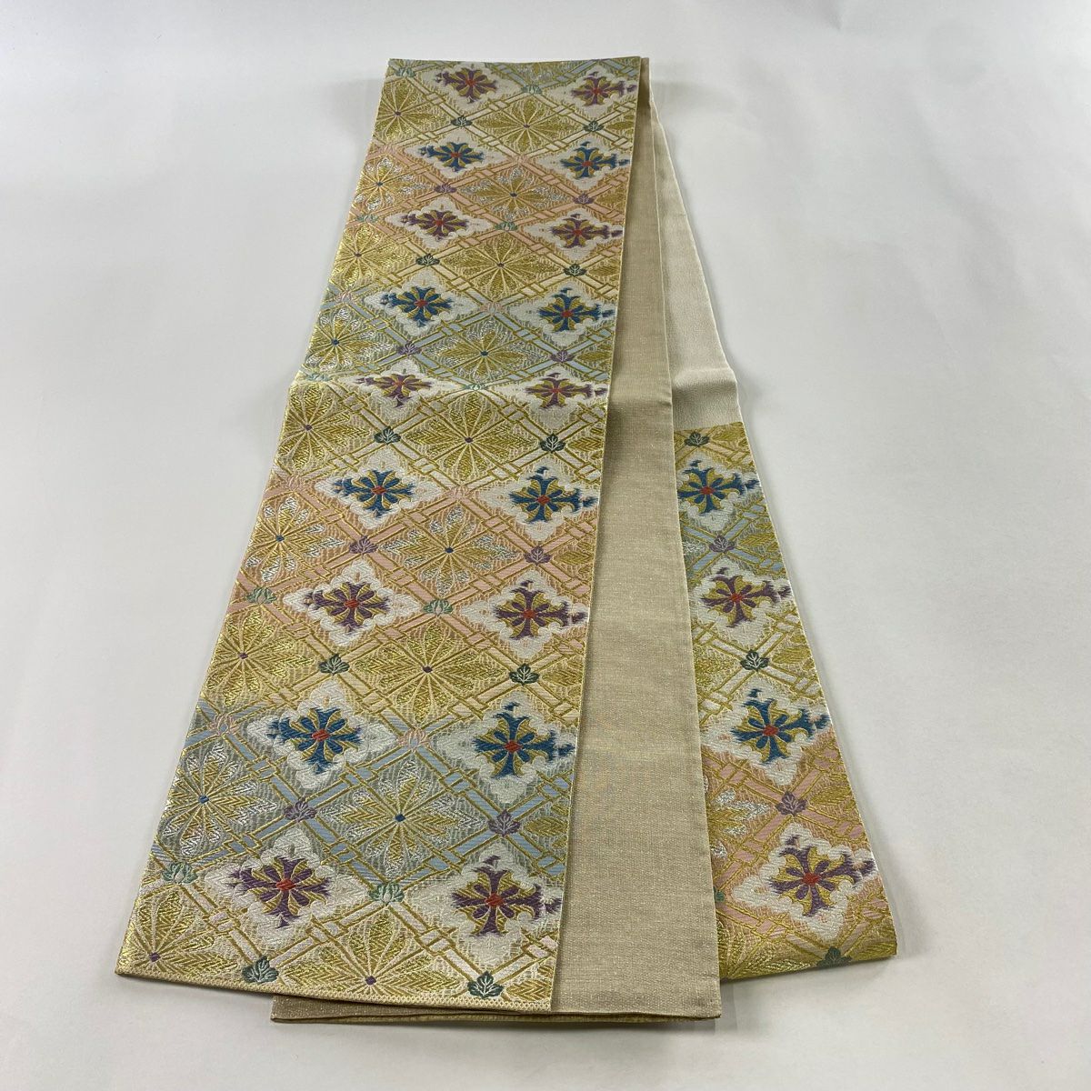 【美品】 袋帶 名品級 花菱 金銀彩 唐織 金色 六通 純蠶絲