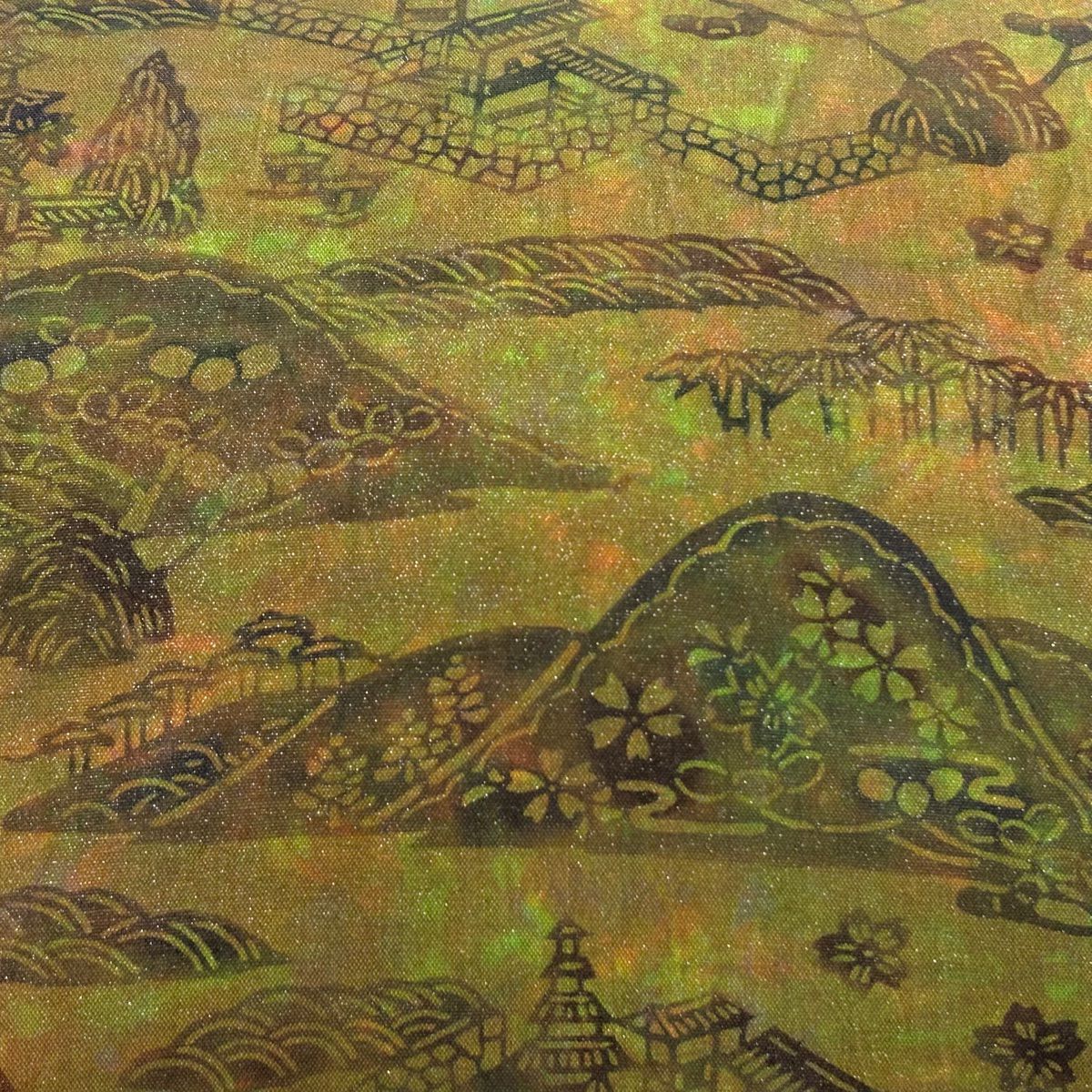 【美品】 名古屋帶 名品級 夏帶 建築物 山 銀通 金銀彩 紅型染 茶綠 純蠶絲
