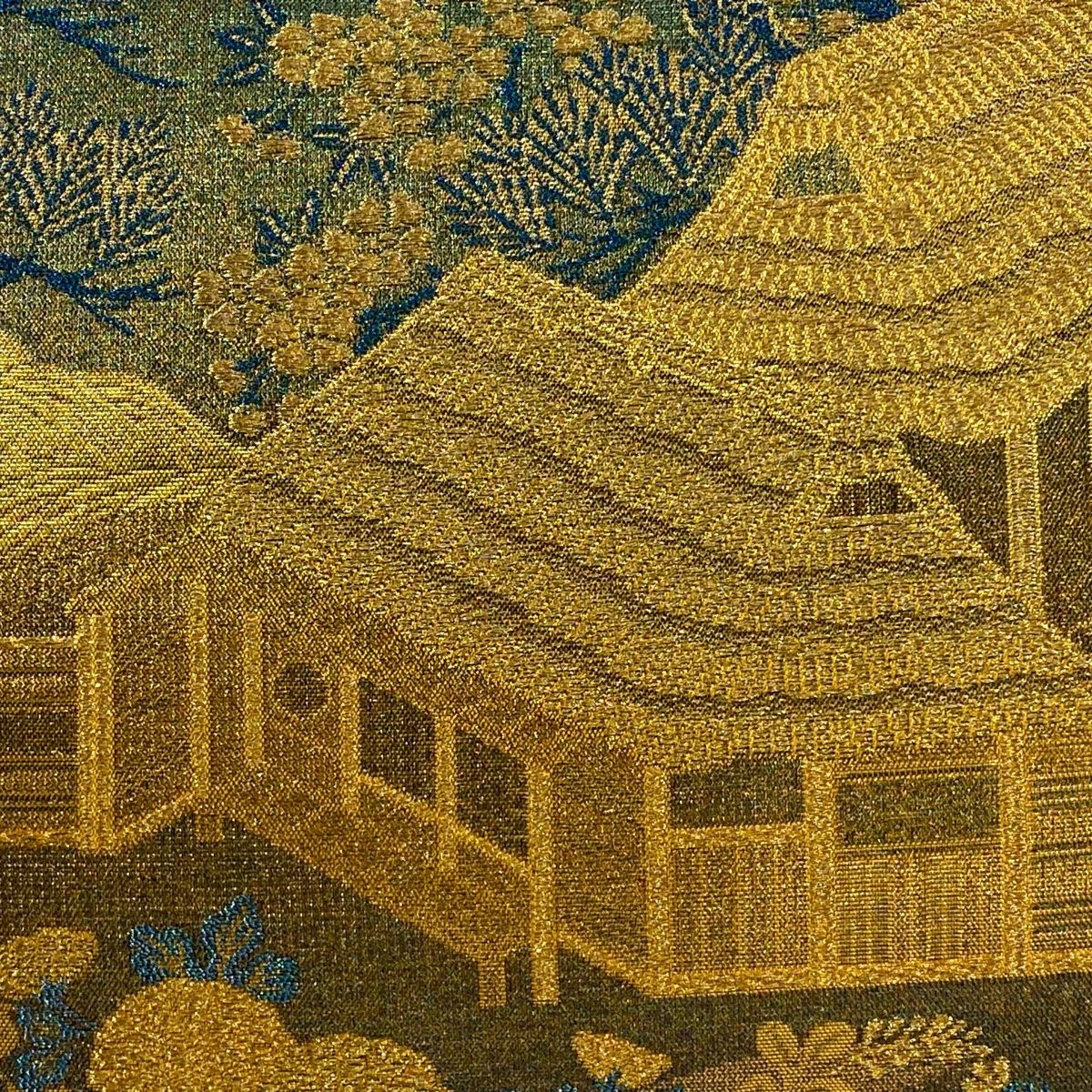 【美品】 袋帶 逸品級 佐波理 落款 佐波理綴 風景 家屋 金銀絲 金金箔 青綠 六通 純蠶絲