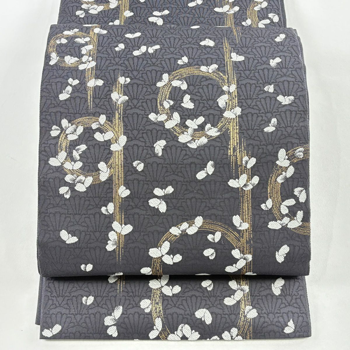 【美品】 袋帶 名品級 漢方染 花瓣 幾何圖案 金金箔 刺繡 深紫 六通 純蠶絲