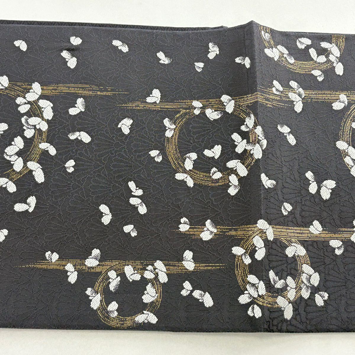 【美品】 袋帶 名品級 漢方染 花瓣 幾何圖案 金金箔 刺繡 深紫 六通 純蠶絲