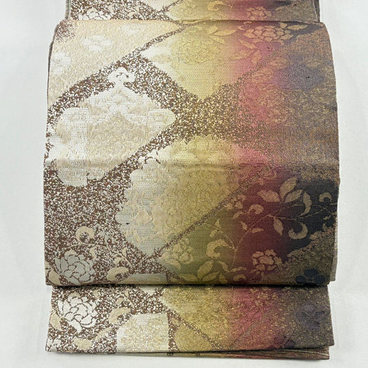 【美品】 袋帶 名品級 本泥染袋帶 草花紋紋 七寶紋 金金箔 金絲 茶 六通 純蠶絲