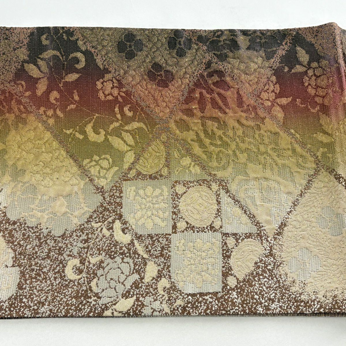 【美品】 袋帶 名品級 本泥染袋帶 草花紋紋 七寶紋 金金箔 金絲 茶 六通 純蠶絲
