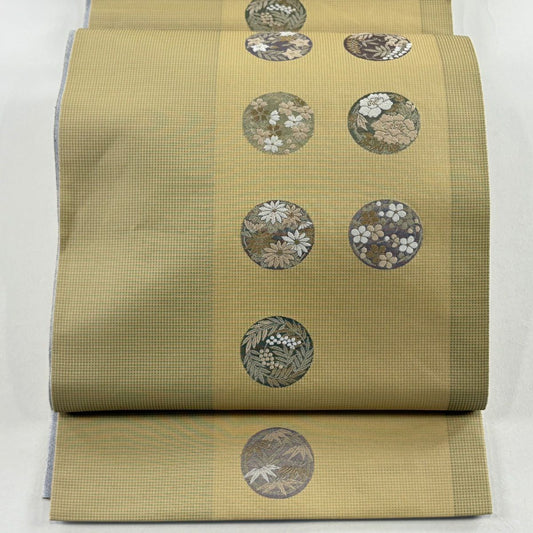 袋帶 名品級 花丸紋 格子 金銀線 金金箔 米色 六通 純蠶絲