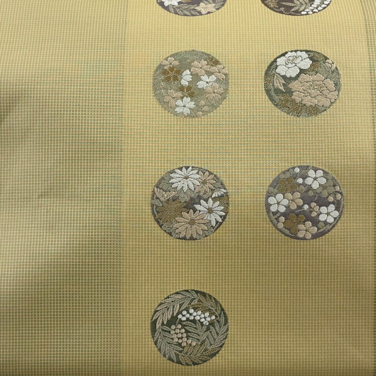 袋帶 名品級 花丸紋 格子 金銀線 金金箔 米色 六通 純蠶絲
