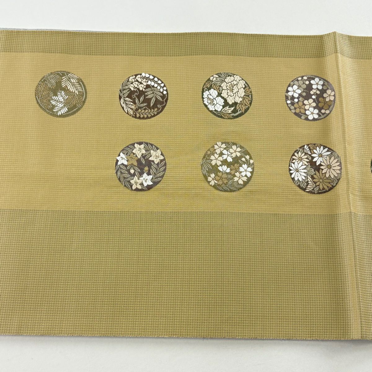 袋帶 名品級 花丸紋 格子 金銀線 金金箔 米色 六通 純蠶絲