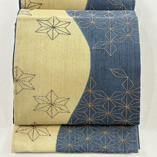 袋帶 名品級 紬織織 麻葉 刺繡 青灰 六通 純蠶絲