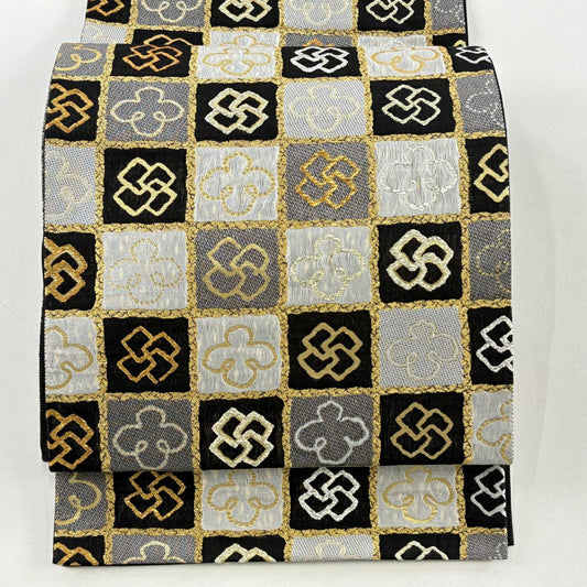 【美品】 袋帶 名品級 市松樹 幾何學圖案 金絲 金金箔 灰色 大鼓圖案 純蠶絲