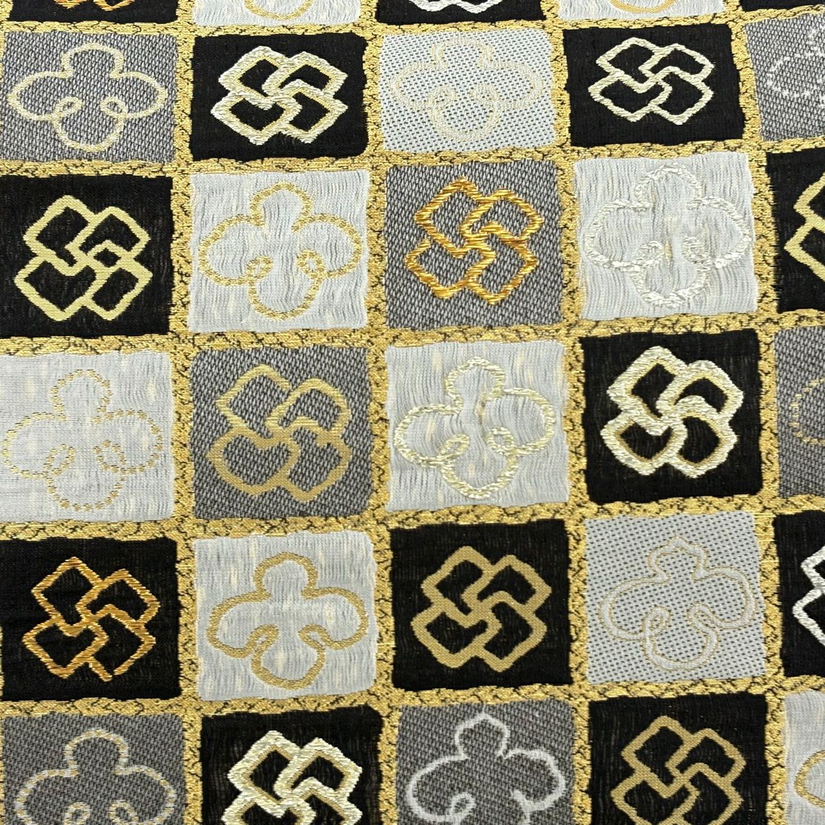 【美品】 袋帶 名品級 市松樹 幾何學圖案 金絲 金金箔 灰色 大鼓圖案 純蠶絲