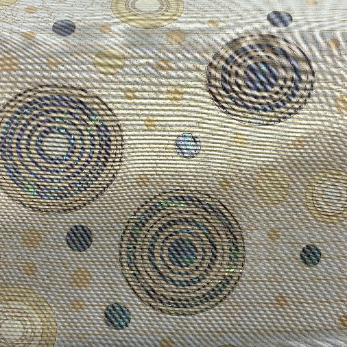【美品】 袋帶 名品級 幾何圖案 條紋 螺鈿金金箔 銀色 大鼓圖案 純蠶絲