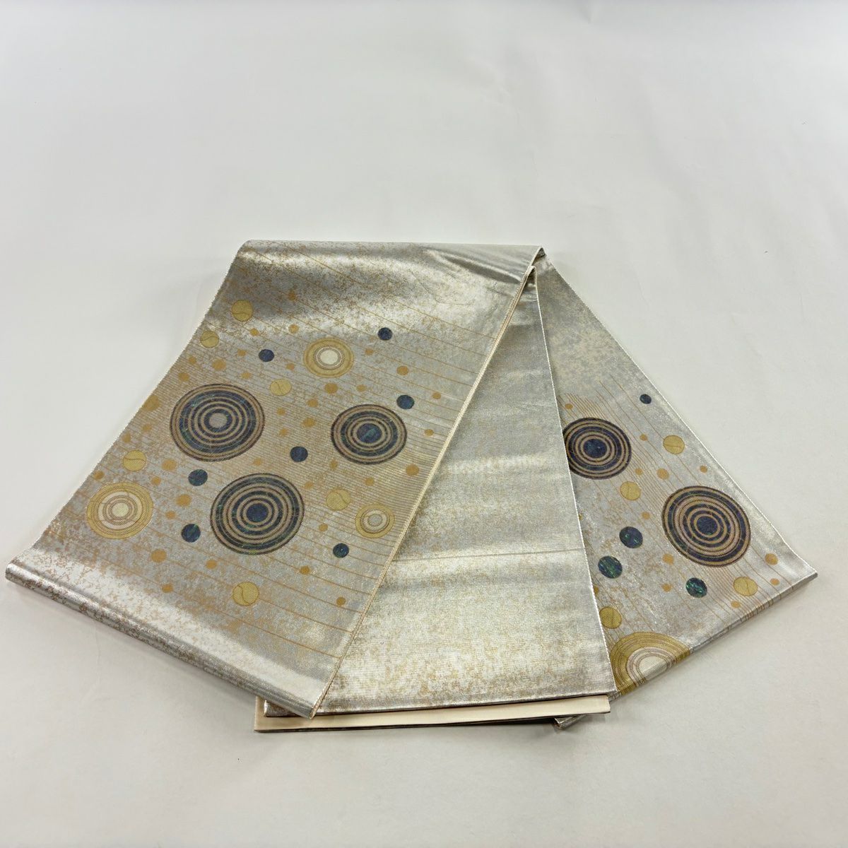 【美品】 袋帶 名品級 幾何圖案 條紋 螺鈿金金箔 銀色 大鼓圖案 純蠶絲