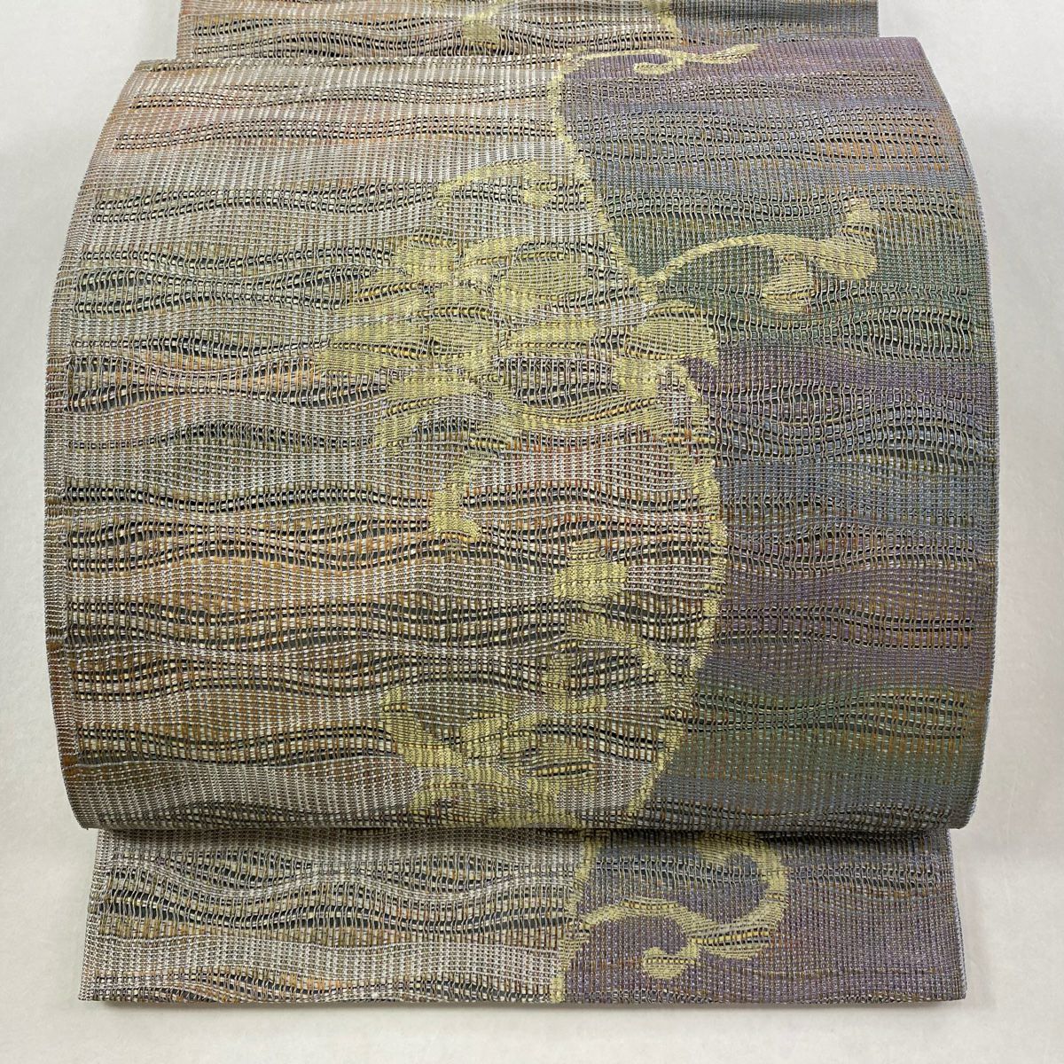 【美品】 袋帶 逸品級 附有落款 大和 花唐草紋 斜條紋 金金箔 灰紫 全通 純蠶絲