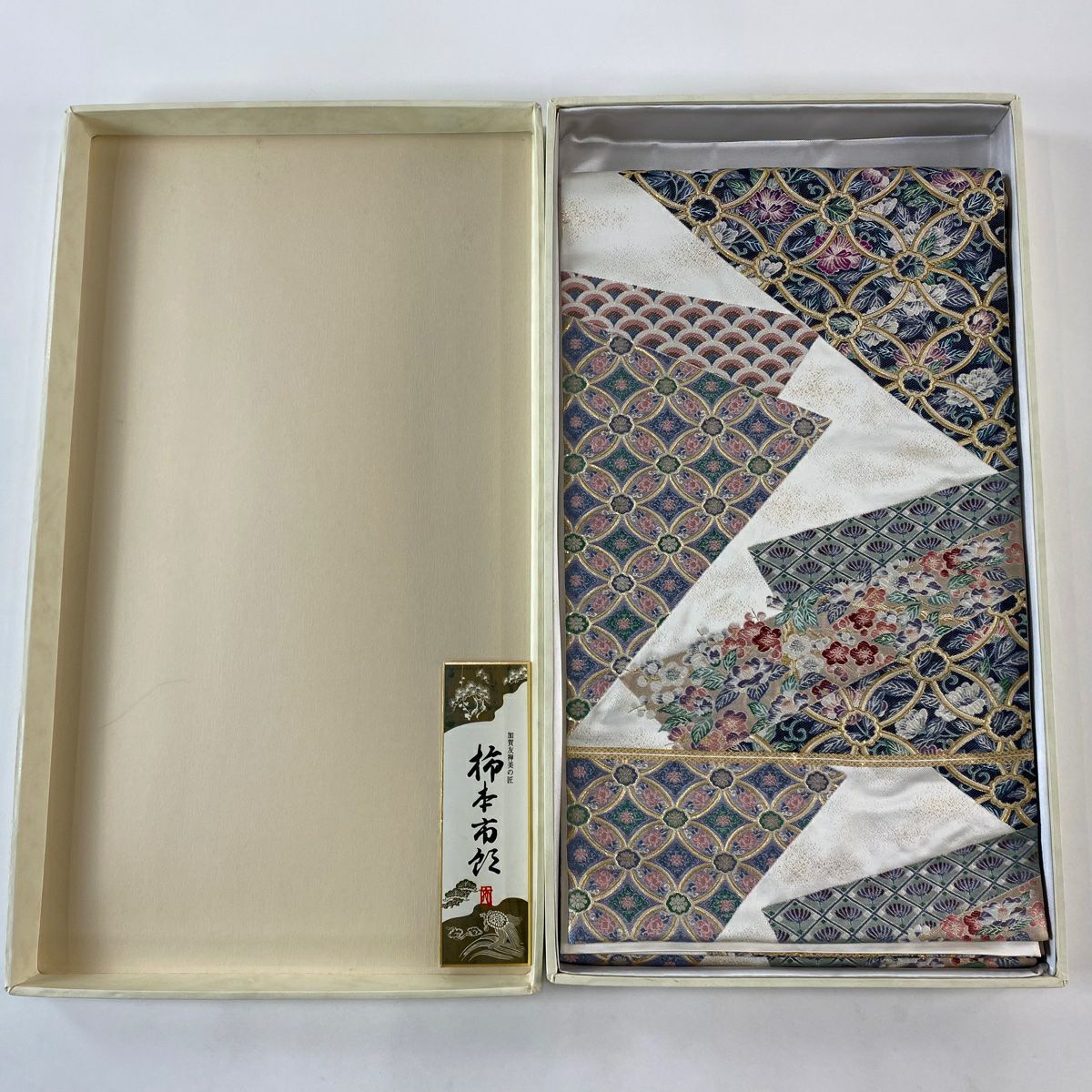 【美品】 袋帶 逸品級 となみ織物 落款あり 柿本市郎監修 純金金箔 七寶 青海波 金絲 金箔 奶油 六通 純蠶絲