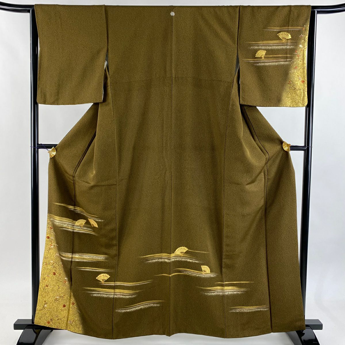 付下 身長162.5cm 袖長65cm M 雙層 扇子 霞 金絲 金銀彩 茶綠 純蠶絲 秀品級 一個紋