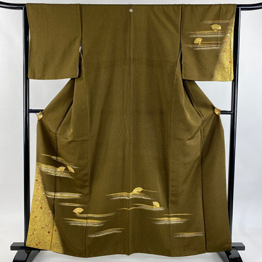 付下 身長162.5cm 袖長65cm M 雙層 扇子 霞 金絲 金銀彩 茶綠 純蠶絲 秀品級 一個紋