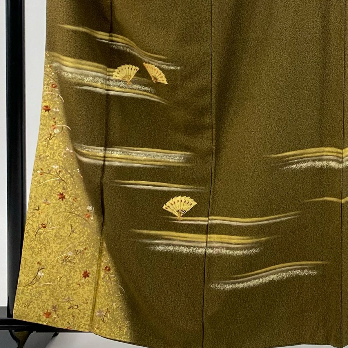 付下 身長162.5cm 袖長65cm M 雙層 扇子 霞 金絲 金銀彩 茶綠 純蠶絲 秀品級 一個紋