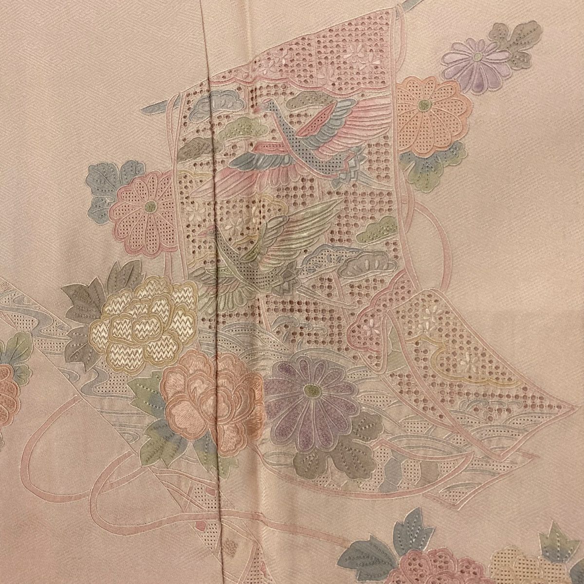 付下 身長157.5cm 袖長67.5cm L 雙層 幾帳 牡丹 刺繡 漸層 淺粉色 純蠶絲 優品級