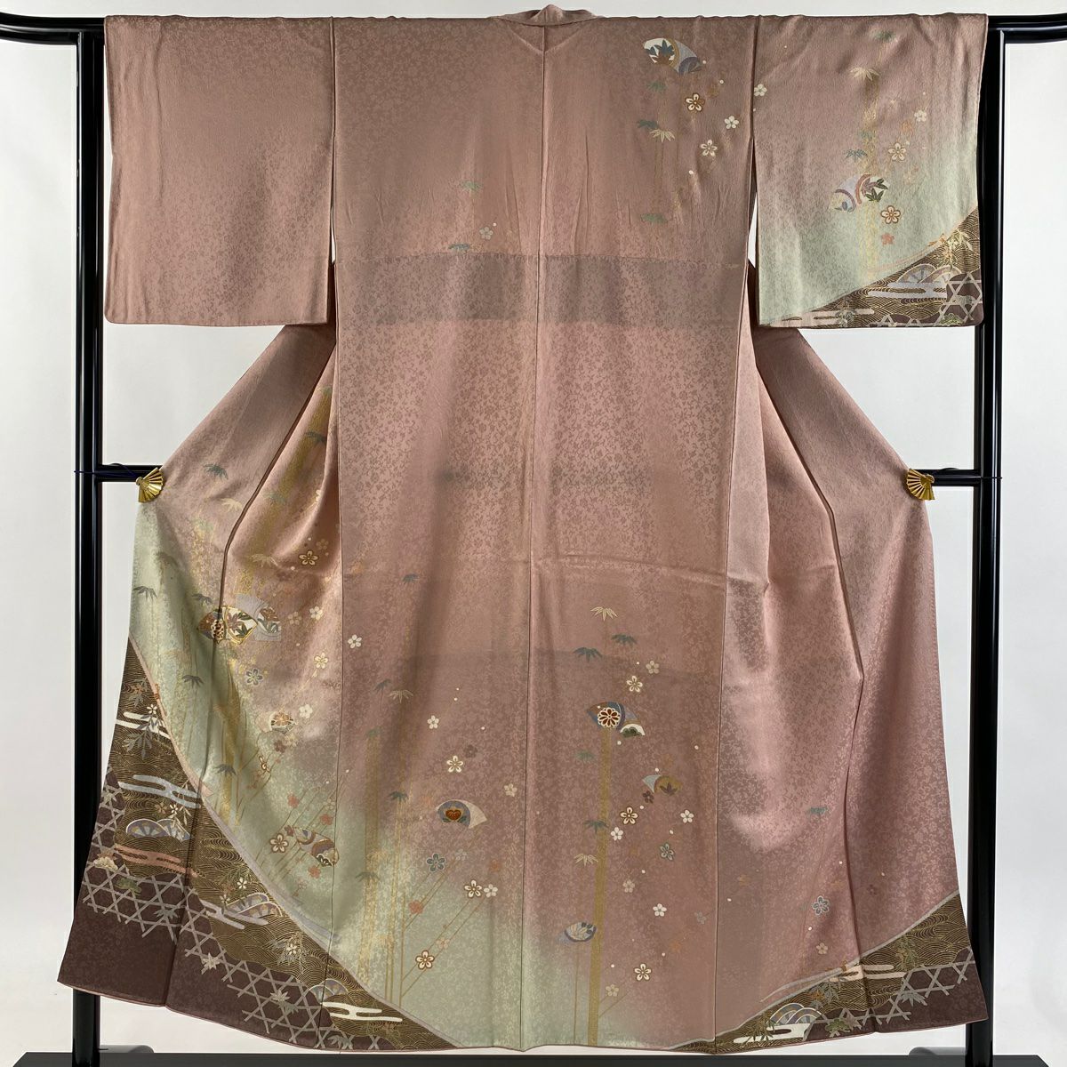 訪問服 身長151cm 袖長64cm M 雙層 扇子面 松樹竹子梅花 金絲 金銀彩 粉色 純蠶絲 秀品級