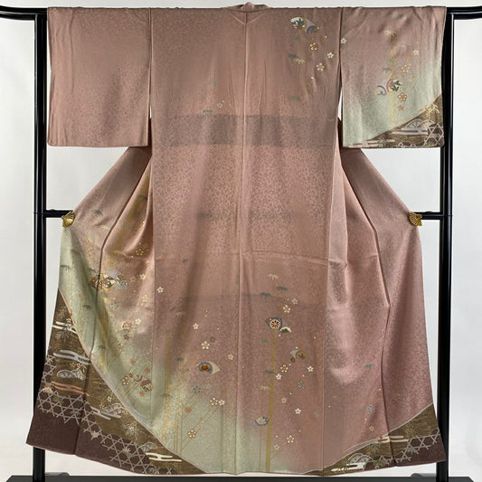 訪問服 身長151cm 袖長64cm M 雙層 扇子面 松樹竹子梅花 金絲 金銀彩 粉色 純蠶絲 秀品級