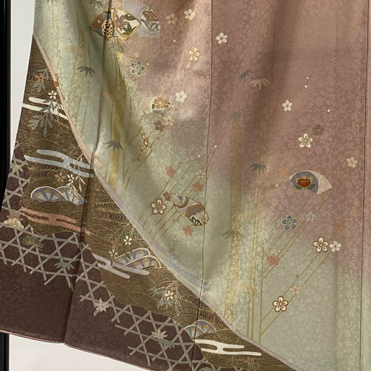 訪問服 身長151cm 袖長64cm M 雙層 扇子面 松樹竹子梅花 金絲 金銀彩 粉色 純蠶絲 秀品級