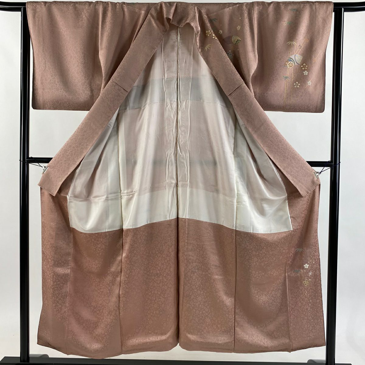 訪問服 身長151cm 袖長64cm M 雙層 扇子面 松樹竹子梅花 金絲 金銀彩 粉色 純蠶絲 秀品級