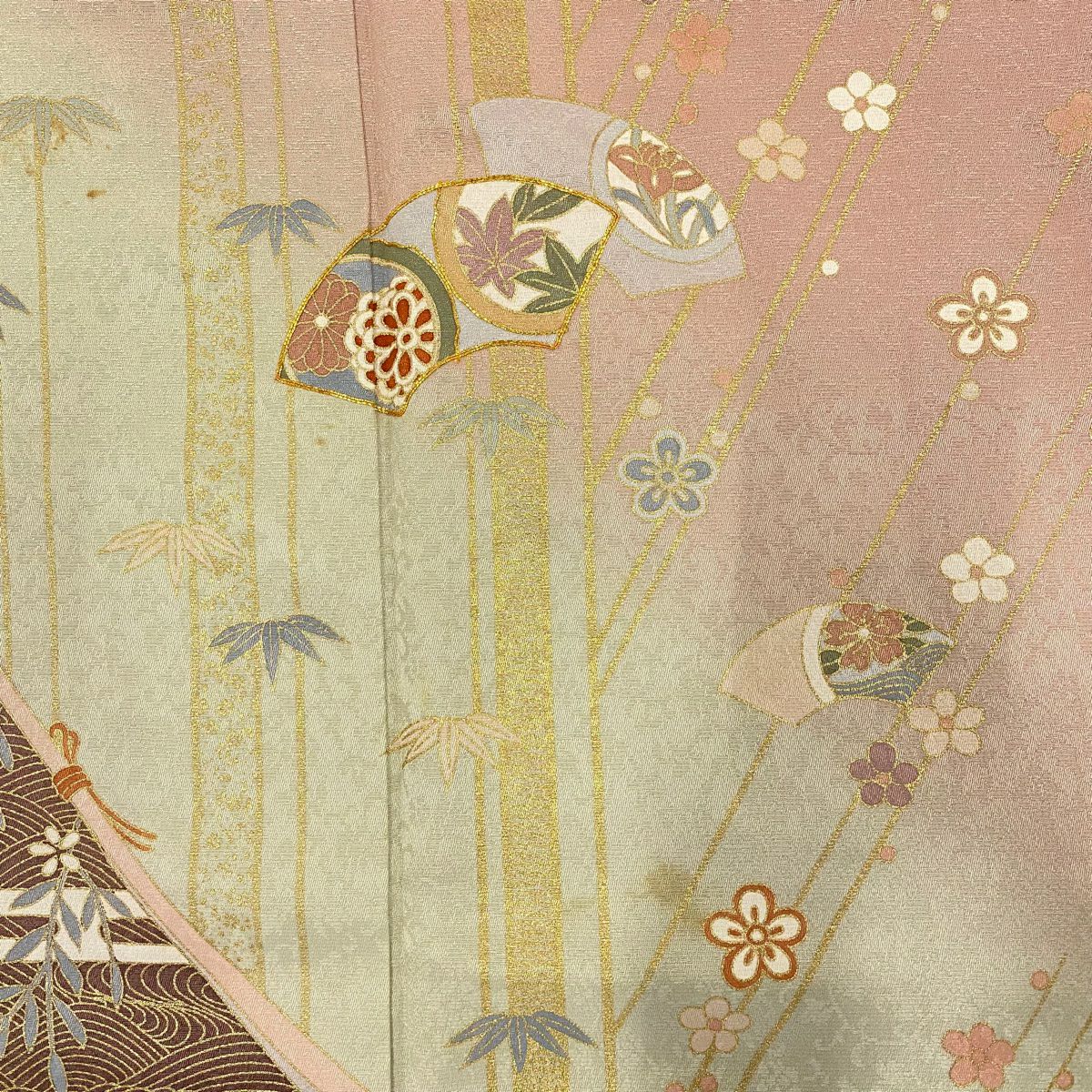 訪問服 身長151cm 袖長64cm M 雙層 扇子面 松樹竹子梅花 金絲 金銀彩 粉色 純蠶絲 秀品級