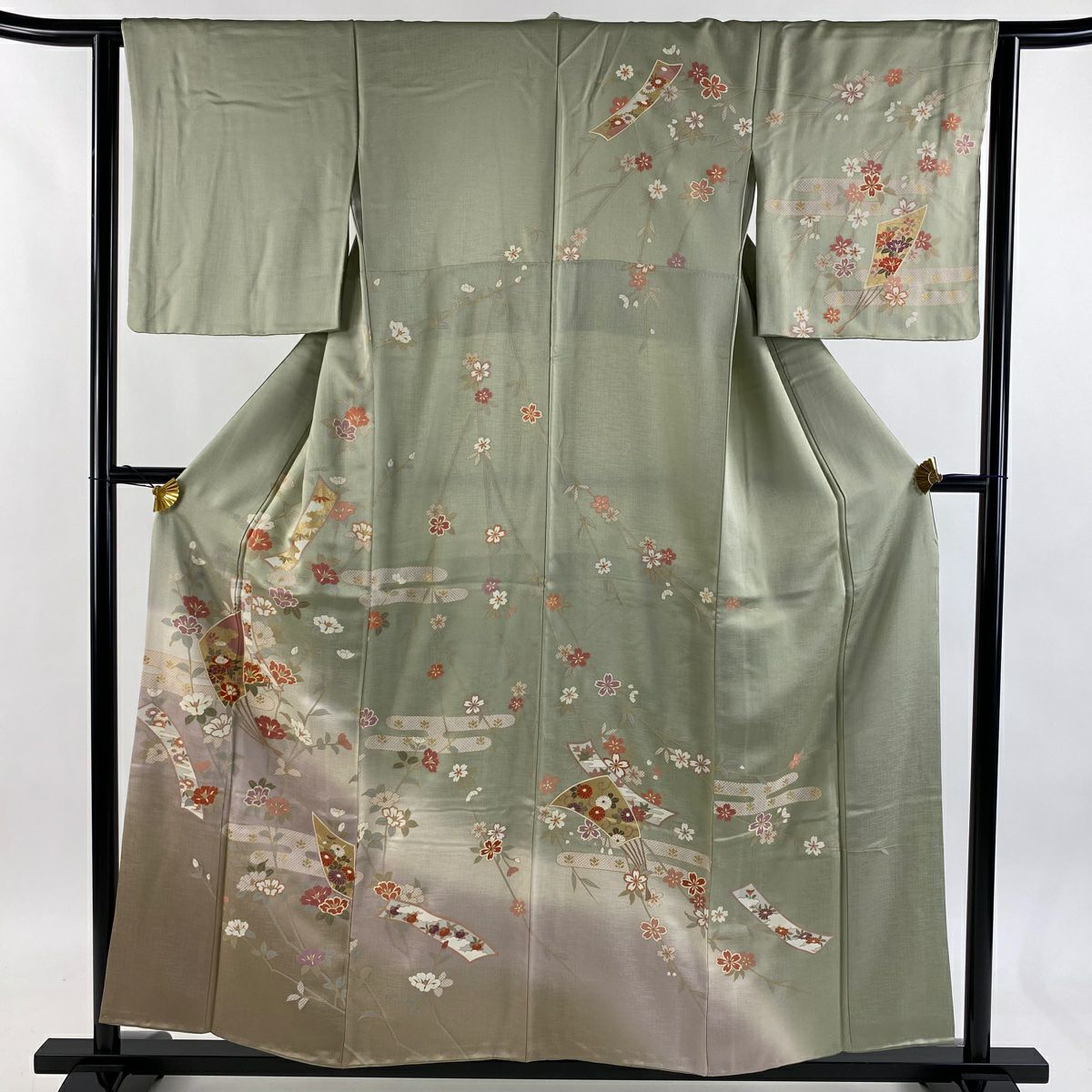 訪問服 身長156.5cm 袖長63.5cm S 雙層 短冊 草花紋紋 金絲 金銀彩 淺綠 純蠶絲 秀品級