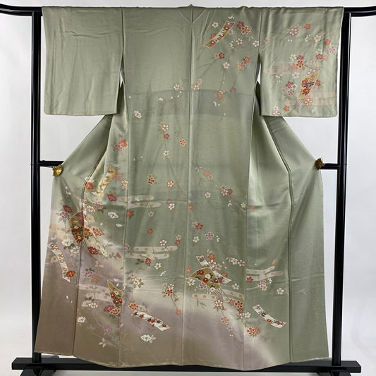 訪問服 身長156.5cm 袖長63.5cm S 雙層 短冊 草花紋紋 金絲 金銀彩 淺綠 純蠶絲 秀品級