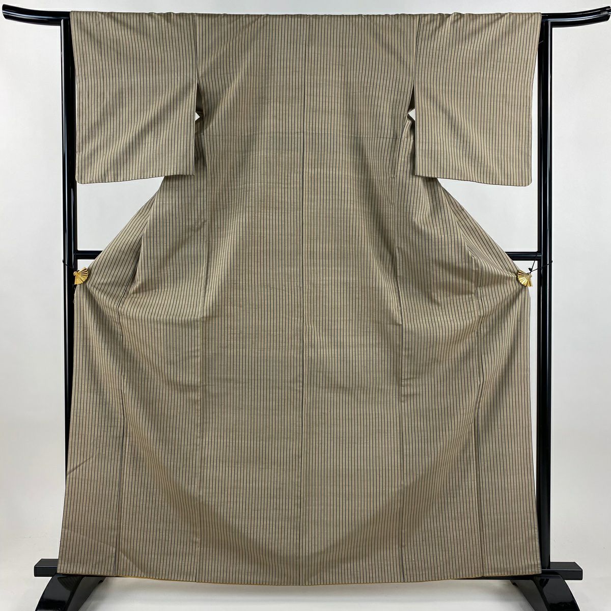 【美品】 紬織 身長163cm 袖長64cm M 雙層 落款有 縱條紋 灰茶 純蠶絲 秀品級
