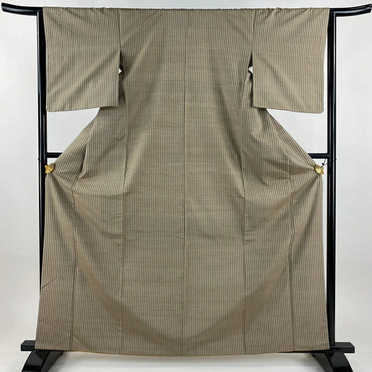 【美品】 紬織 身長163cm 袖長64cm M 雙層 落款有 縱條紋 灰茶 純蠶絲 秀品級