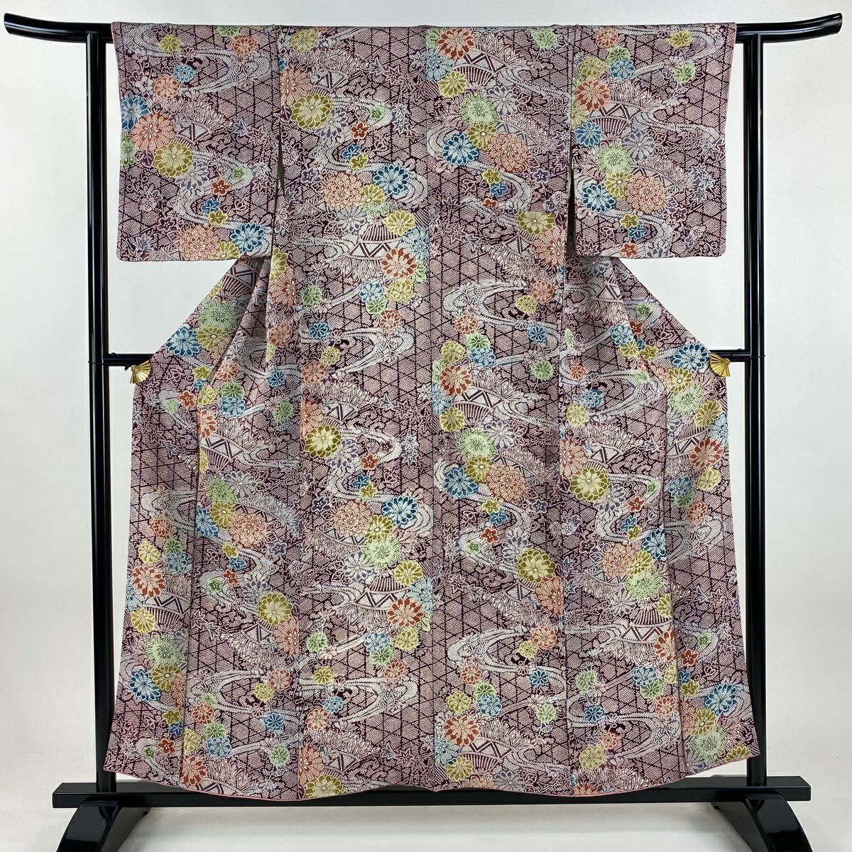 【美品】 小紋 身長156.5cm 袖長62.5cm S 雙層 流水 菊花 絞染 紫 純蠶絲 秀品級